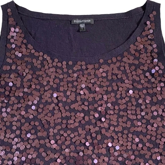 EILEEN FISHER 100% BLACK MERINO WOOL & PURPLE SEQUIN TOP SIZE LARGE - Picture 8 of 16